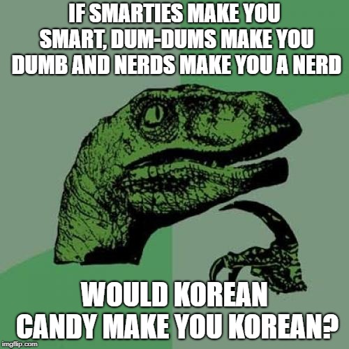 How to become Korean... | IF SMARTIES MAKE YOU SMART, DUM-DUMS MAKE YOU DUMB AND NERDS MAKE YOU A NERD; WOULD KOREAN CANDY MAKE YOU KOREAN? | image tagged in memes,philosoraptor,korean,korean candy,oh no,candy traits | made w/ Imgflip meme maker