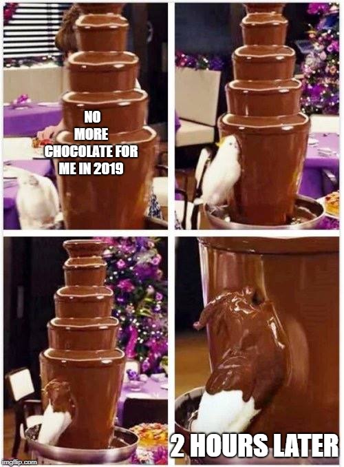 NO MORE CHOCOLATE FOR ME IN 2019; 2 HOURS LATER | image tagged in chocolate | made w/ Imgflip meme maker