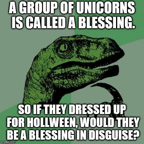 Philosoraptor | A GROUP OF UNICORNS IS CALLED A BLESSING. SO IF THEY DRESSED UP FOR HOLLWEEN, WOULD THEY BE A BLESSING IN DISGUISE? | image tagged in memes,philosoraptor | made w/ Imgflip meme maker