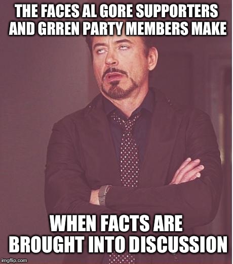 Face You Make Robert Downey Jr Meme | THE FACES AL GORE SUPPORTERS AND GRREN PARTY MEMBERS MAKE WHEN FACTS ARE BROUGHT INTO DISCUSSION | image tagged in memes,face you make robert downey jr | made w/ Imgflip meme maker