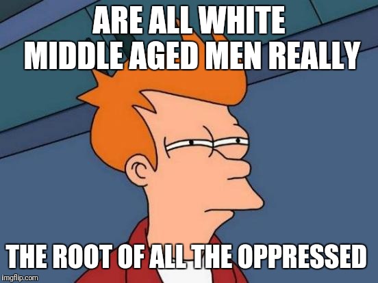 Futurama Fry | ARE ALL WHITE MIDDLE AGED MEN REALLY; THE ROOT OF ALL THE OPPRESSED | image tagged in memes,futurama fry | made w/ Imgflip meme maker
