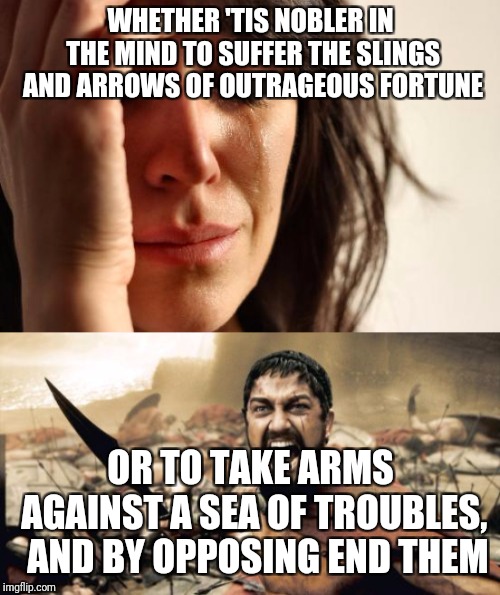 WHETHER 'TIS NOBLER IN THE MIND TO SUFFER THE SLINGS AND ARROWS OF OUTRAGEOUS FORTUNE OR TO TAKE ARMS AGAINST A SEA OF TROUBLES,  AND BY OPP | image tagged in memes,first world problems,sparta leonidas | made w/ Imgflip meme maker