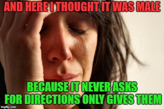 First World Problems Meme | AND HERE I THOUGHT IT WAS MALE BECAUSE IT NEVER ASKS FOR DIRECTIONS ONLY GIVES THEM | image tagged in memes,first world problems | made w/ Imgflip meme maker