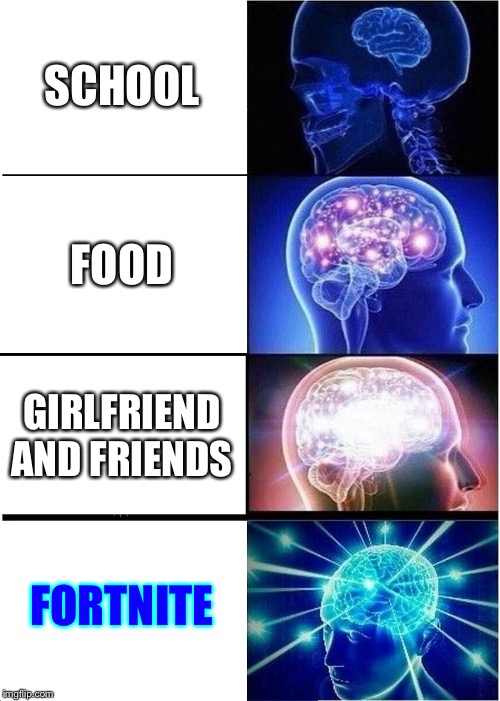 Expanding Brain | SCHOOL; FOOD; GIRLFRIEND AND FRIENDS; FORTNITE | image tagged in memes,expanding brain | made w/ Imgflip meme maker