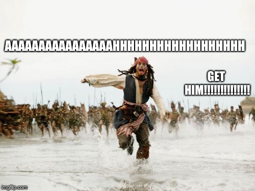 Jack Sparrow Being Chased | AAAAAAAAAAAAAAAAHHHHHHHHHHHHHHHHHH; GET HIM!!!!!!!!!!!!!! | image tagged in memes,jack sparrow being chased | made w/ Imgflip meme maker