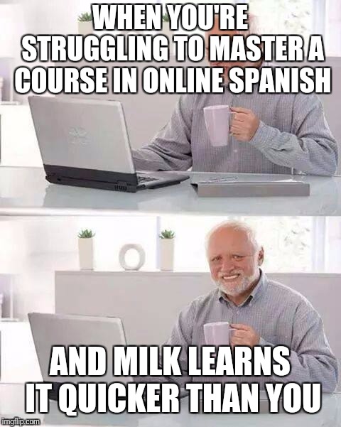 Hide the Pain Harold Meme | WHEN YOU'RE STRUGGLING TO MASTER A COURSE IN ONLINE SPANISH AND MILK LEARNS IT QUICKER THAN YOU | image tagged in memes,hide the pain harold | made w/ Imgflip meme maker