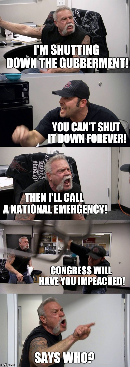 American gubberment argument | I'M SHUTTING DOWN THE GUBBERMENT! YOU CAN'T SHUT IT DOWN FOREVER! THEN I'LL CALL A NATIONAL EMERGENCY! CONGRESS WILL HAVE YOU IMPEACHED! SAYS WHO? | image tagged in memes,american chopper argument,president trump,government shutdown,national,emergency | made w/ Imgflip meme maker