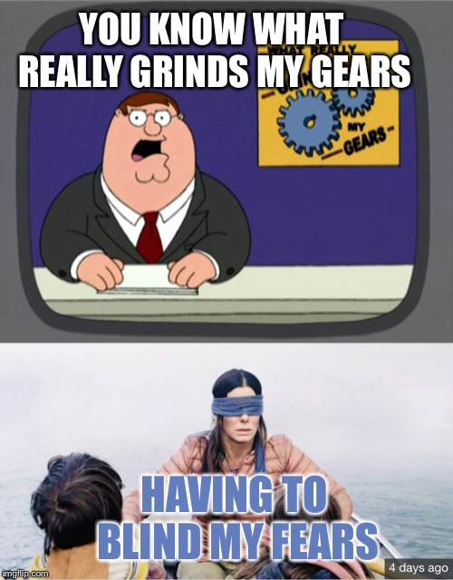 The Birdbox is The Word | YOU KNOW WHAT REALLY GRINDS MY GEARS; HAVING TO BLIND MY FEARS | image tagged in memes,peter griffin news,birdbox,rhymes | made w/ Imgflip meme maker