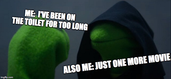 Evil Kermit Meme | ME:

I'VE BEEN ON THE TOILET FOR TOO LONG; ALSO ME: JUST ONE MORE MOVIE | image tagged in memes,evil kermit | made w/ Imgflip meme maker