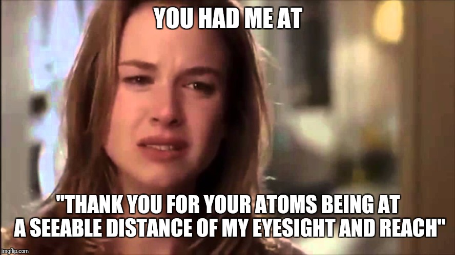 You had me at Hello | YOU HAD ME AT "THANK YOU FOR YOUR ATOMS BEING AT A SEEABLE DISTANCE OF MY EYESIGHT AND REACH" | image tagged in you had me at hello | made w/ Imgflip meme maker