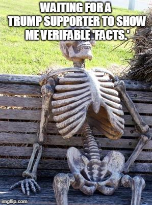 Waiting Skeleton Meme | WAITING FOR A TRUMP SUPPORTER TO SHOW ME VERIFABLE 'FACTS.' | image tagged in memes,waiting skeleton | made w/ Imgflip meme maker