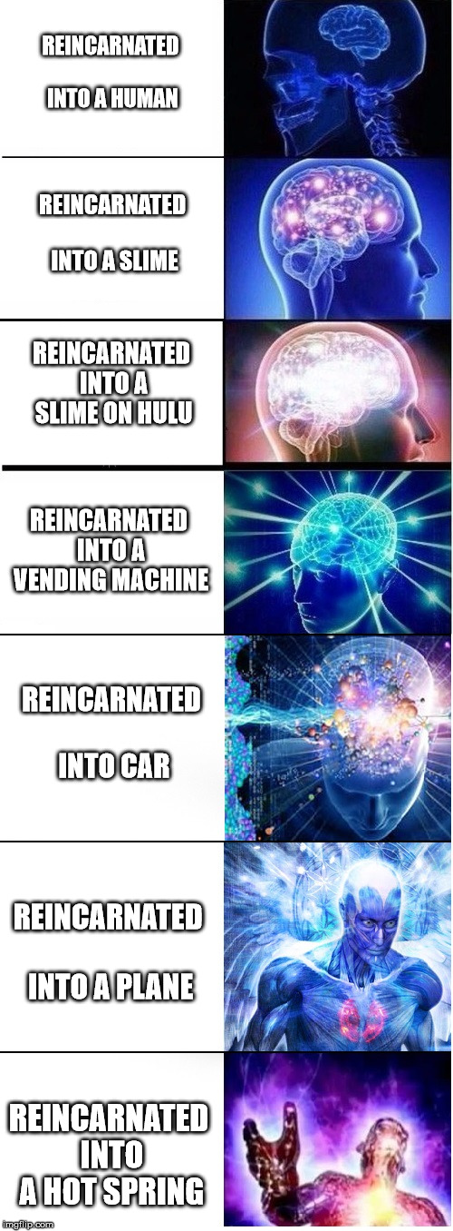 Expanding brain extended 2 | REINCARNATED INTO A HUMAN; REINCARNATED INTO A SLIME; REINCARNATED INTO A SLIME ON HULU; REINCARNATED INTO A VENDING MACHINE; REINCARNATED INTO CAR; REINCARNATED INTO A PLANE; REINCARNATED INTO A HOT SPRING | image tagged in expanding brain extended 2 | made w/ Imgflip meme maker