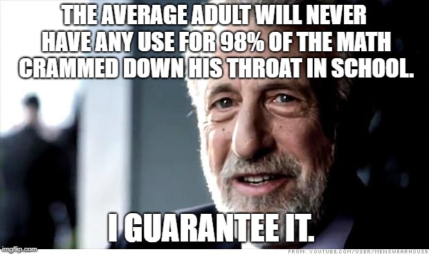 I Guarantee It |  THE AVERAGE ADULT WILL NEVER HAVE ANY USE FOR 98% OF THE MATH CRAMMED DOWN HIS THROAT IN SCHOOL. I GUARANTEE IT. | image tagged in memes,i guarantee it | made w/ Imgflip meme maker