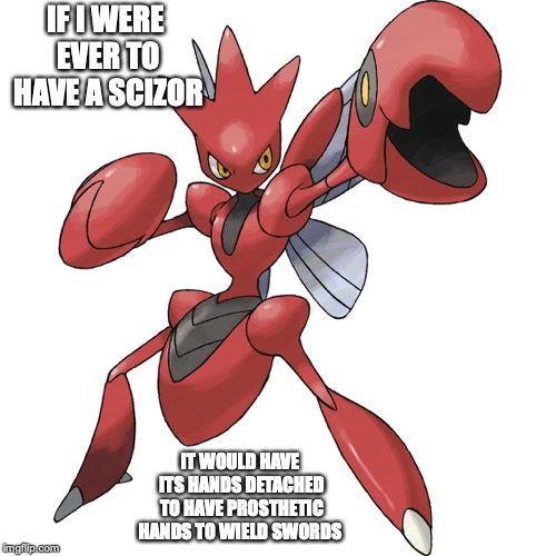 Scizor | IF I WERE EVER TO HAVE A SCIZOR; IT WOULD HAVE ITS HANDS DETACHED TO HAVE PROSTHETIC HANDS TO WIELD SWORDS | image tagged in scizor,pokemon,memes | made w/ Imgflip meme maker