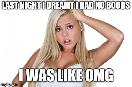Dumb Blonde | LAST NIGHT I DREAMT I HAD NO BOOBS; I WAS LIKE OMG | image tagged in dumb blonde | made w/ Imgflip meme maker