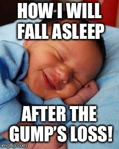 sleeping baby laughing | HOW I WILL FALL ASLEEP; AFTER THE GUMP’S LOSS! | image tagged in sleeping baby laughing | made w/ Imgflip meme maker