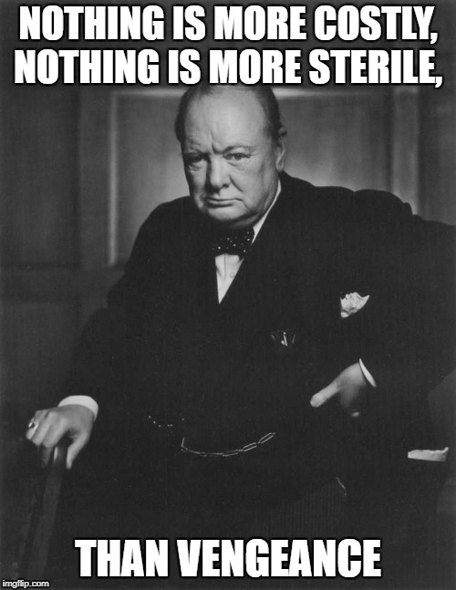 winston churchill | NOTHING IS MORE COSTLY, NOTHING IS MORE STERILE, THAN VENGEANCE | image tagged in winston churchill | made w/ Imgflip meme maker
