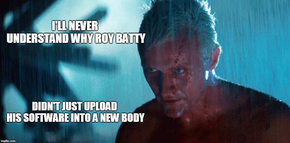 I'LL NEVER UNDERSTAND WHY ROY BATTY; DIDN'T JUST UPLOAD HIS SOFTWARE INTO A NEW BODY | image tagged in blade runner | made w/ Imgflip meme maker