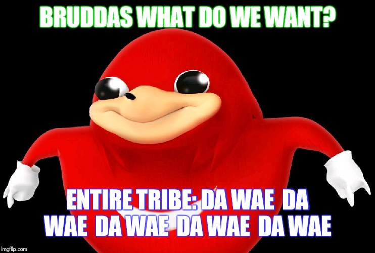 DO YOU KNOW DE WAE?? | BRUDDAS WHAT DO WE WANT? ENTIRE TRIBE: DA WAE  DA WAE  DA WAE  DA WAE  DA WAE | image tagged in do you know de wae | made w/ Imgflip meme maker