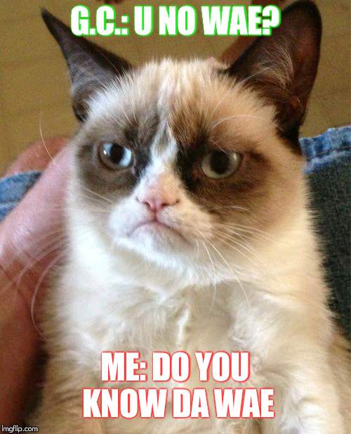 Grumpy Cat Meme | G.C.: U NO WAE? ME: DO YOU KNOW DA WAE | image tagged in memes,grumpy cat | made w/ Imgflip meme maker