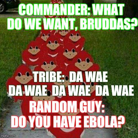 Ugandan knuckles army | COMMANDER: WHAT DO WE WANT, BRUDDAS? TRIBE:  DA WAE  DA WAE  DA WAE  DA WAE; RANDOM GUY: DO YOU HAVE EBOLA? | image tagged in ugandan knuckles army | made w/ Imgflip meme maker