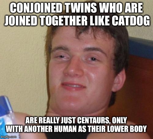 10 Guy Meme | CONJOINED TWINS WHO ARE JOINED TOGETHER LIKE CATDOG; ARE REALLY JUST CENTAURS, ONLY WITH ANOTHER HUMAN AS THEIR LOWER BODY | image tagged in memes,10 guy | made w/ Imgflip meme maker