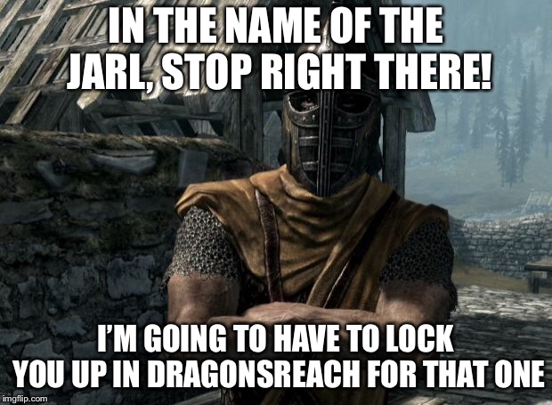Skyrim guards be like | IN THE NAME OF THE JARL, STOP RIGHT THERE! I’M GOING TO HAVE TO LOCK YOU UP IN DRAGONSREACH FOR THAT ONE | image tagged in skyrim guards be like | made w/ Imgflip meme maker