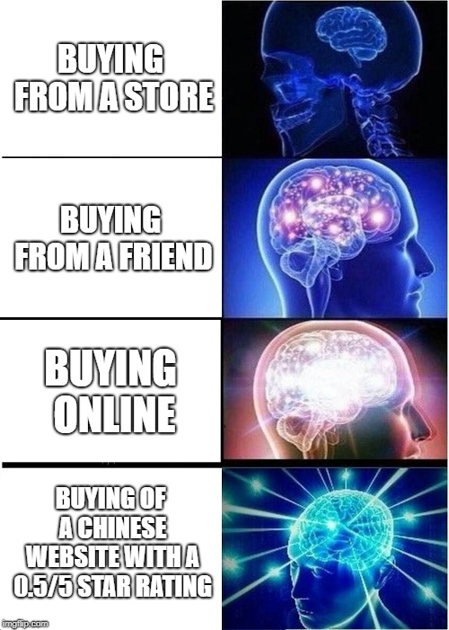 Expanding Brain Meme | BUYING FROM A STORE; BUYING FROM A FRIEND; BUYING ONLINE; BUYING OF A CHINESE WEBSITE WITH A 0.5/5 STAR RATING | image tagged in memes,expanding brain | made w/ Imgflip meme maker