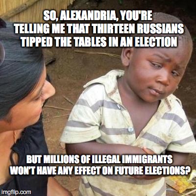 So You're Telling Me | SO, ALEXANDRIA, YOU'RE TELLING ME THAT THIRTEEN RUSSIANS TIPPED THE TABLES IN AN ELECTION; BUT MILLIONS OF ILLEGAL IMMIGRANTS WON'T HAVE ANY EFFECT ON FUTURE ELECTIONS? | image tagged in so you're telling me | made w/ Imgflip meme maker