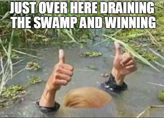 Trump Swamp Creature | JUST OVER HERE DRAINING THE SWAMP AND WINNING | image tagged in trump swamp creature | made w/ Imgflip meme maker