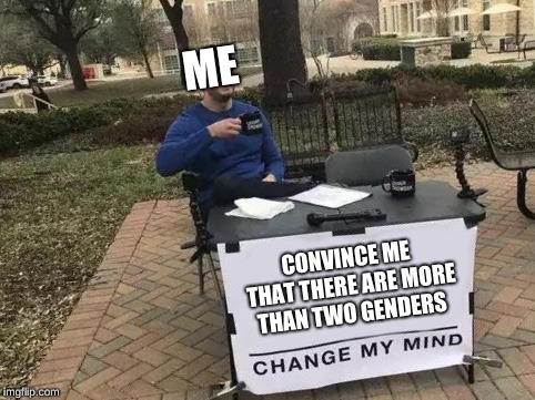 Change My Mind Meme | ME; CONVINCE ME THAT THERE ARE MORE THAN TWO GENDERS | image tagged in change my mind | made w/ Imgflip meme maker