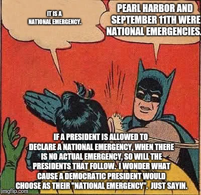 I Thought The Point Was NOT To Give Anyone That Kind Of Power Over ALL OF US. | PEARL HARBOR AND SEPTEMBER 11TH WERE NATIONAL EMERGENCIES. IT IS A NATIONAL EMERGENCY. IF A PRESIDENT IS ALLOWED TO DECLARE A NATIONAL EMERGENCY, WHEN THERE IS NO ACTUAL EMERGENCY, SO WILL THE PRESIDENTS THAT FOLLOW.  I WONDER WHAT CAUSE A DEMOCRATIC PRESIDENT WOULD CHOOSE AS THEIR "NATIONAL EMERGENCY".  JUST SAYIN. | image tagged in memes,batman slapping robin,trump unfit unqualified dangerous,government corruption,impeach trump,lock him up | made w/ Imgflip meme maker