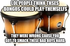 Bongo time | LOL PEOPLE THINK THSES BONGOS COULD PLAY THEMSELFS; THEY WERE WRONG CAUSE YOU GOT TO SMACK THESE BAD BOYS HARD. | image tagged in funny memes | made w/ Imgflip meme maker