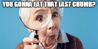 Old lady magnifying glass | YOU GONNA EAT THAT LAST CRUMB? | image tagged in old lady magnifying glass | made w/ Imgflip meme maker