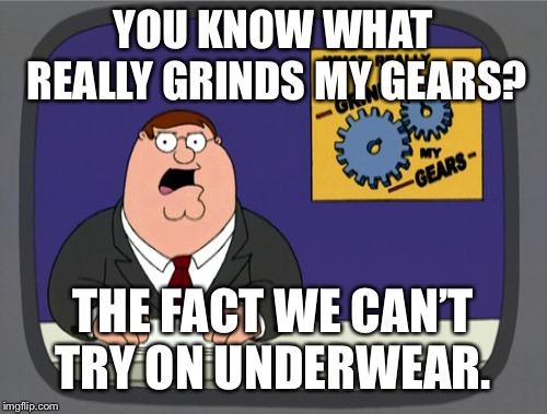 Peter Griffin News Meme | YOU KNOW WHAT REALLY GRINDS MY GEARS? THE FACT WE CAN’T TRY ON UNDERWEAR. | image tagged in memes,peter griffin news,AdviceAnimals | made w/ Imgflip meme maker