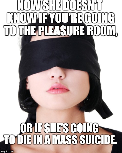 NOW SHE DOESN'T KNOW IF YOU'RE GOING TO THE PLEASURE ROOM, OR IF SHE'S GOING TO DIE IN A MASS SUICIDE. | image tagged in humor | made w/ Imgflip meme maker