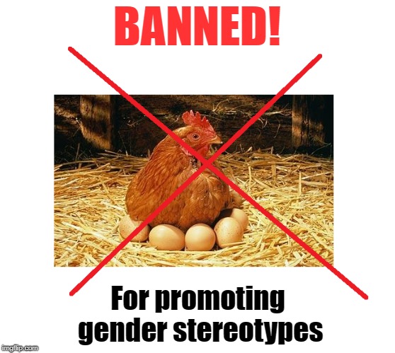 Egg Ban  | BANNED! For promoting gender stereotypes | image tagged in gender identity,gender equality,chicken,egg | made w/ Imgflip meme maker