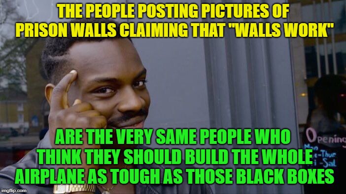 Roll Safe Think About It Meme | THE PEOPLE POSTING PICTURES OF PRISON WALLS CLAIMING THAT "WALLS WORK"; ARE THE VERY SAME PEOPLE WHO THINK THEY SHOULD BUILD THE WHOLE AIRPLANE AS TOUGH AS THOSE BLACK BOXES | image tagged in memes,roll safe think about it | made w/ Imgflip meme maker