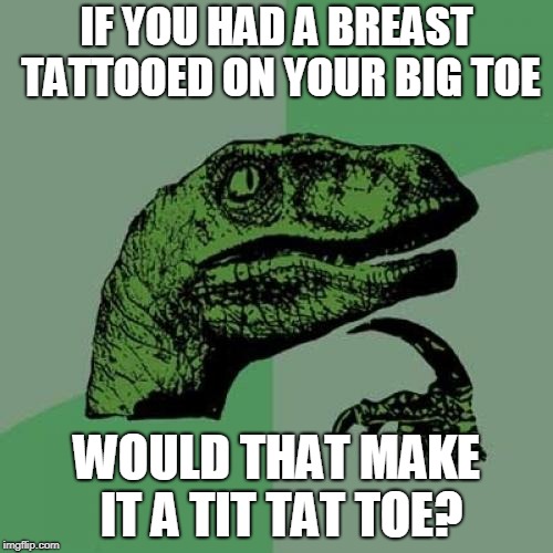 Tattoo Question | IF YOU HAD A BREAST TATTOOED ON YOUR BIG TOE; WOULD THAT MAKE IT A TIT TAT TOE? | image tagged in memes,philosoraptor,tits,tic tac toe | made w/ Imgflip meme maker