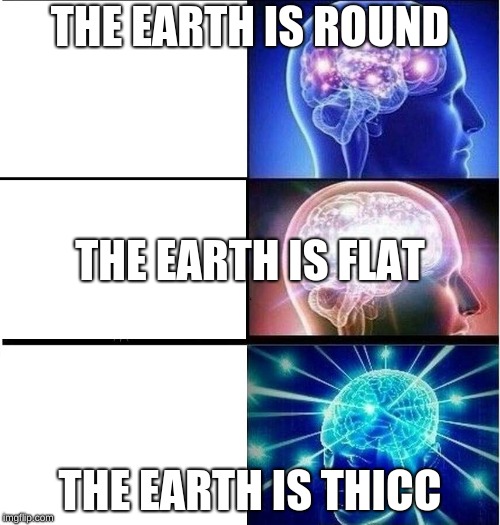 Expanding brain 3 panels | THE EARTH IS ROUND; THE EARTH IS FLAT; THE EARTH IS THICC | image tagged in expanding brain 3 panels | made w/ Imgflip meme maker
