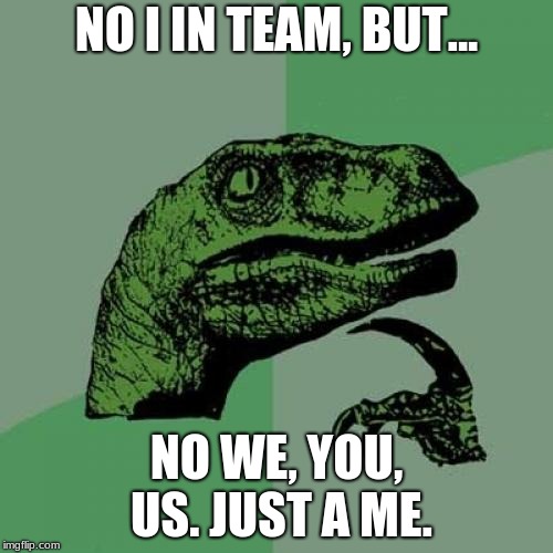 No We in Team | NO I IN TEAM, BUT... NO WE, YOU, US. JUST A ME. | image tagged in memes,philosoraptor | made w/ Imgflip meme maker