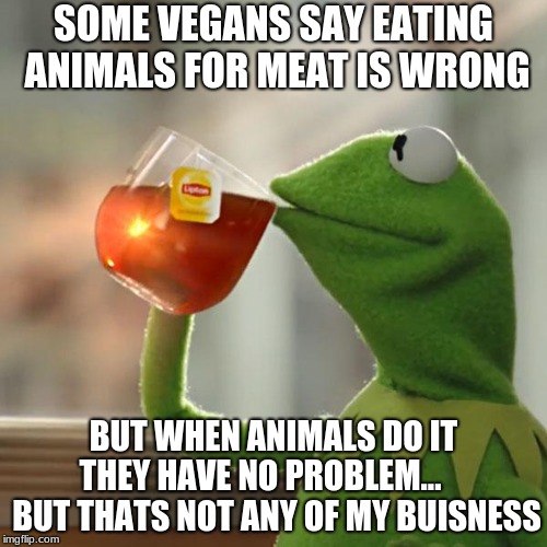 But That's None Of My Business Meme | SOME VEGANS SAY EATING ANIMALS FOR MEAT IS WRONG; BUT WHEN ANIMALS DO IT THEY HAVE NO PROBLEM...      BUT THATS NOT ANY OF MY BUISNESS | image tagged in memes,but thats none of my business,kermit the frog | made w/ Imgflip meme maker