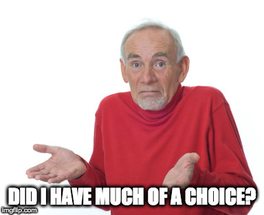 Old Man Shrugging | DID I HAVE MUCH OF A CHOICE? | image tagged in old man shrugging | made w/ Imgflip meme maker