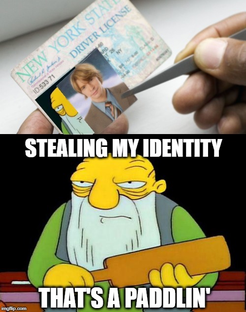 Fake ID  | STEALING MY IDENTITY; THAT'S A PADDLIN' | image tagged in funny memes,meme,that's a paddlin',simpsons' jasper,fraud,fake | made w/ Imgflip meme maker