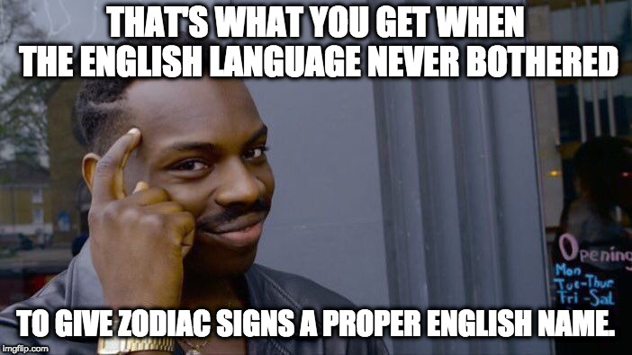 Roll Safe Think About It Meme | THAT'S WHAT YOU GET WHEN THE ENGLISH LANGUAGE NEVER BOTHERED TO GIVE ZODIAC SIGNS A PROPER ENGLISH NAME. | image tagged in memes,roll safe think about it | made w/ Imgflip meme maker