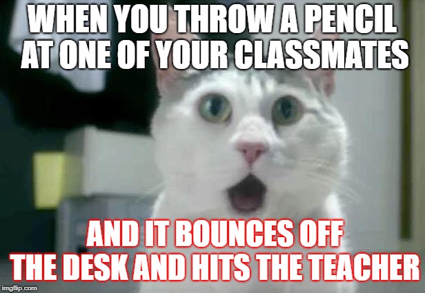 OMG Cat | WHEN YOU THROW A PENCIL AT ONE OF YOUR CLASSMATES; AND IT BOUNCES OFF THE DESK AND HITS THE TEACHER | image tagged in memes,omg cat | made w/ Imgflip meme maker