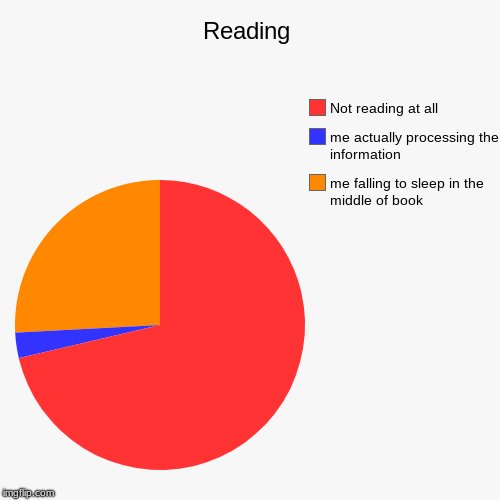 Reading | me falling to sleep in the middle of book, me actually processing the information, Not reading at all | image tagged in funny,pie charts | made w/ Imgflip chart maker