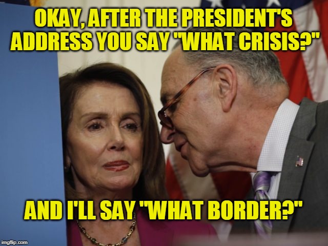 Democrat Rebuttal to President's Address | OKAY, AFTER THE PRESIDENT'S ADDRESS YOU SAY "WHAT CRISIS?"; AND I'LL SAY "WHAT BORDER?" | image tagged in chuck schumer,nancy pelosi,illegal immigration,the wall,president trump | made w/ Imgflip meme maker