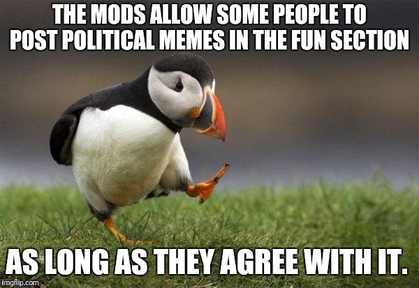 Am i the only one thats noticed this | THE MODS ALLOW SOME PEOPLE TO POST POLITICAL MEMES IN THE FUN SECTION; AS LONG AS THEY AGREE WITH IT. | image tagged in popular opinion puffin | made w/ Imgflip meme maker