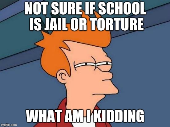 Futurama Fry Meme | NOT SURE IF SCHOOL IS JAIL OR TORTURE; WHAT AM I KIDDING | image tagged in memes,futurama fry | made w/ Imgflip meme maker